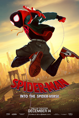 Swinging high over the city, the Brooklyn bridge in the distance, is a Spider-Man in a black and red costume, also wearing a hoodie and shorts and sneakers
